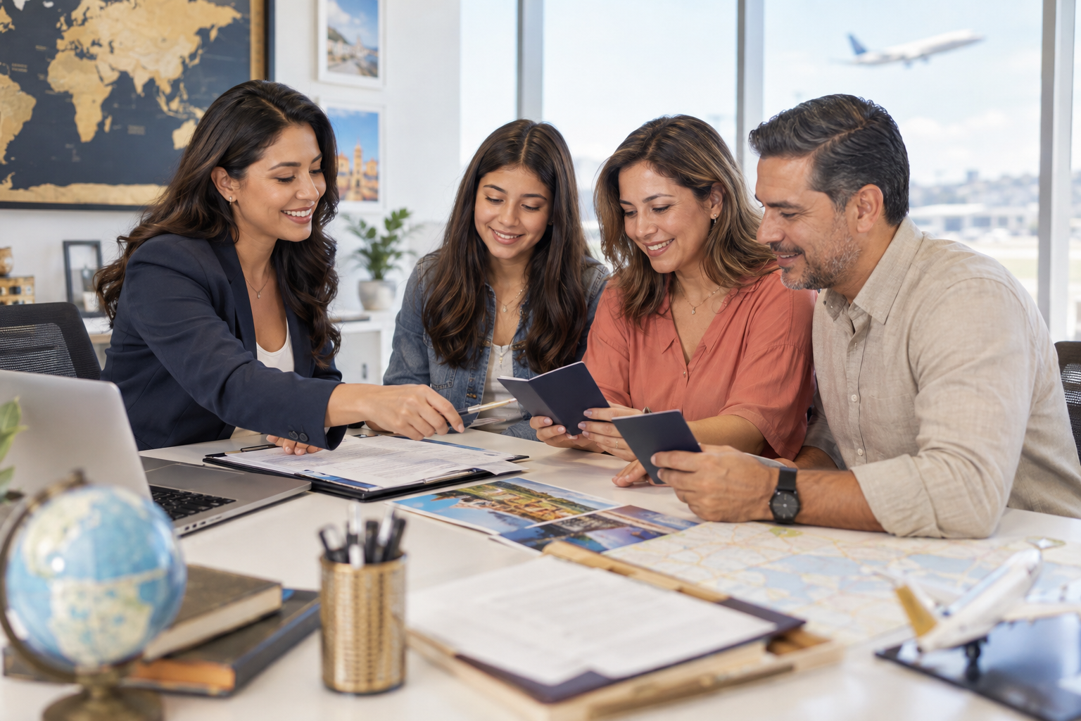 Asesora orientando a una familia con sus documentos de viaje